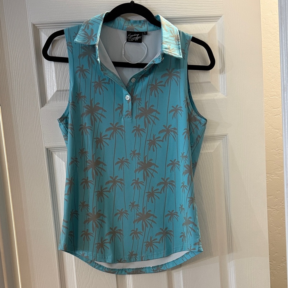 Cutter & Buck Teal and Brown Palm Print Sleeveless Blouse